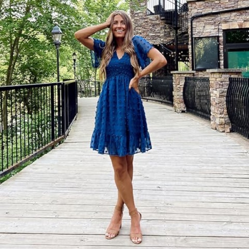 Large Blue Flutter Sleeve Chiffon Swiss Dot Ruffle Dress